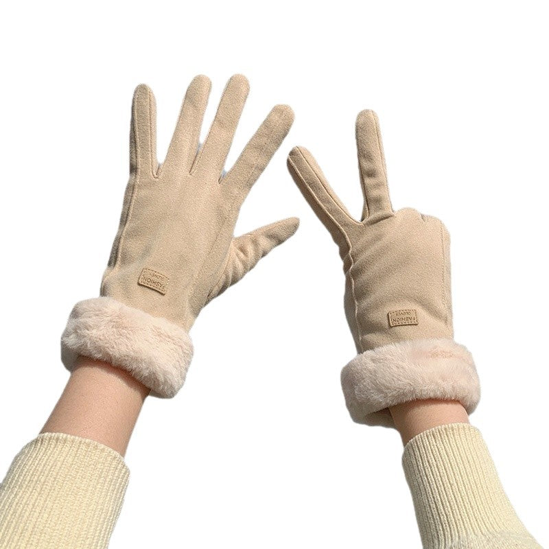 Gloves for women in autumn and winter, warm double layer plus velvet and thickening for cycling, cute German velvet cold-proof cycling and windproof touch screen gloves