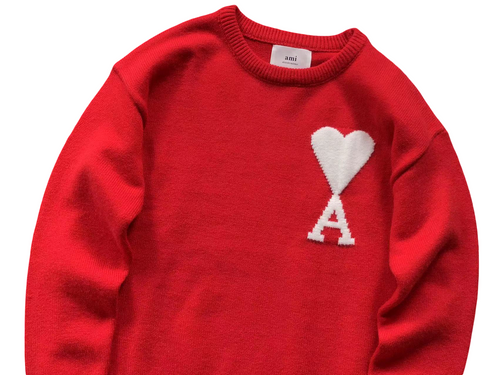 AMI Paris Maxi White Heart Knit Sweater Red