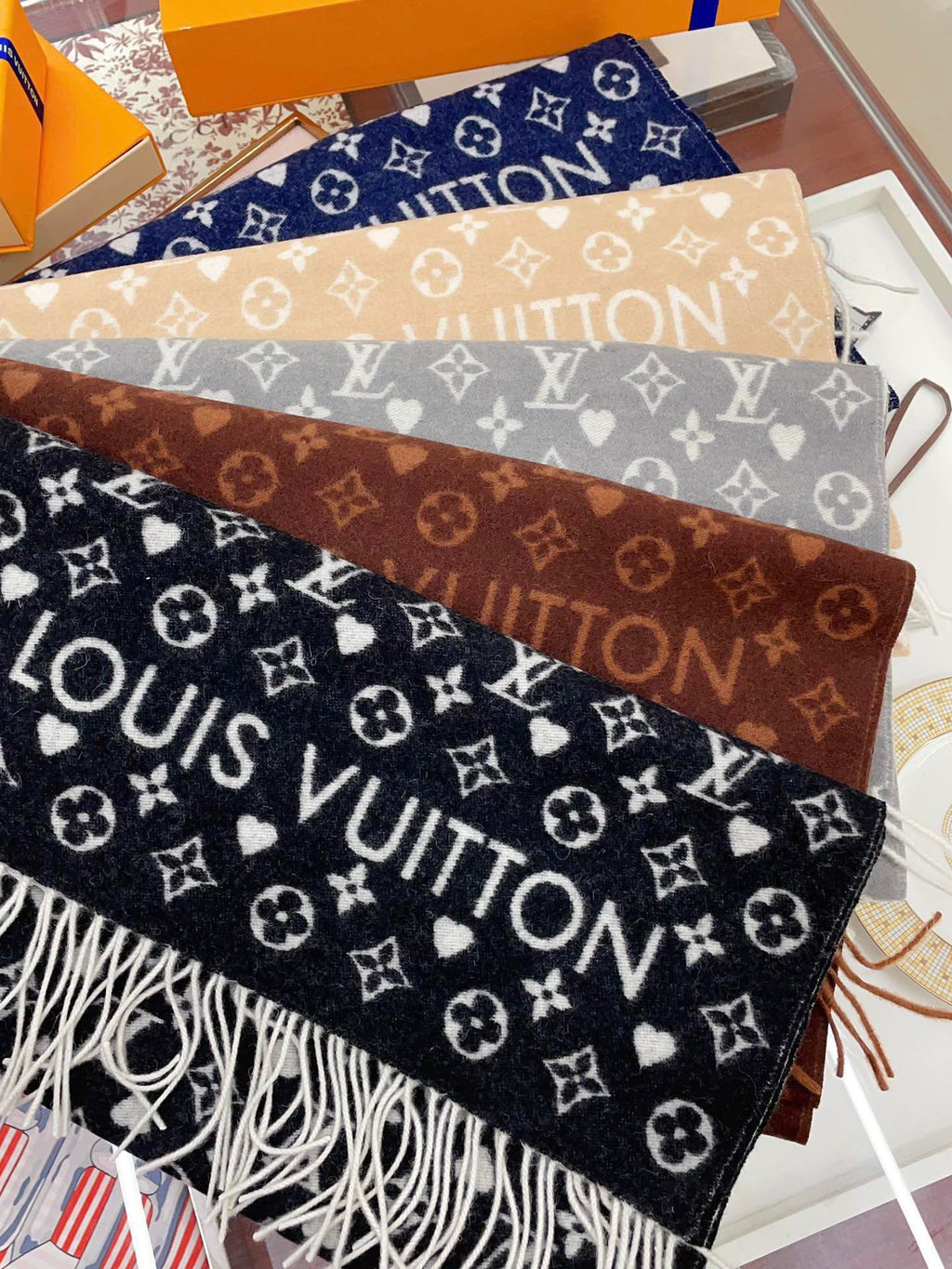 Louis Vuitton Monogram Scarf with Heart Pattern, Black and Grey Women's Shawl with Fringe